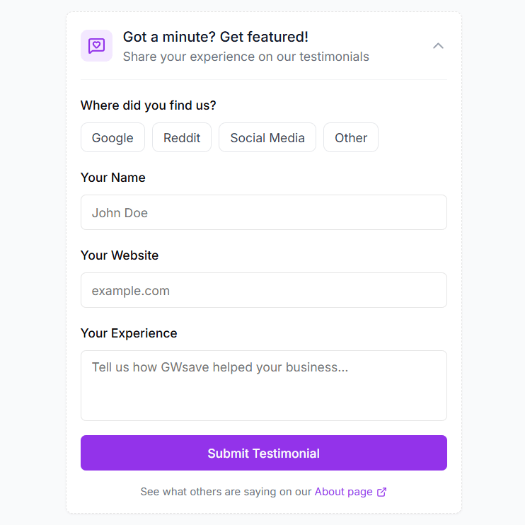 Testimonial submission form preview